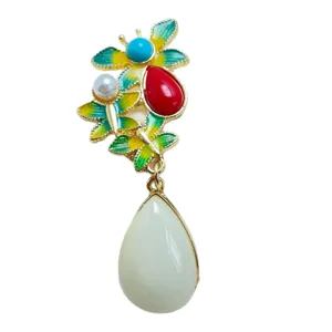 Vintage enamel alloy brooch with imitation jade teardrop pendant ethnic cheongsam accessory