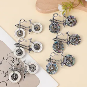 Vintage Alloy Bicycle Brooch With Artificial Shell Inlay Rhinestone Retro Silver Bike Lapel Pin Women Apparel Jewelry Accessory