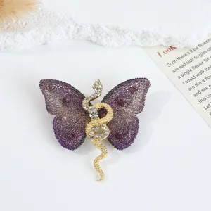 Elegant Chinese Style Zodiac Snake Butterfly Brooch Pin Gold Plated Rhinestone Fabric Embroidery Jewelry For Women Men Gift