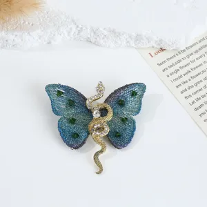 Elegant blue purple fabric embroidery butterfly snake brooch rhinestone luxury pin accessory.