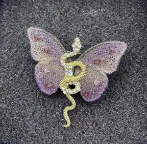 Blue purple embroidered butterfly brooch with crystal gold snake, elegant vintage fashion pin.