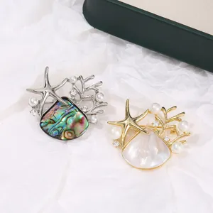 Broche Coreano Creativo de Aleación con Concha y Perla Artificial Estrella de Mar Coral Strass Tema Océano Joyería para Mujer