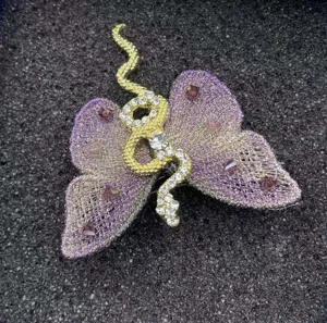 Exquisite blue purple embroidered butterfly snake brooch, elegant gold plated rhinestone pin detail.