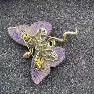 Exquisite Chinese style snake and butterfly embroidered brooch in blue and purple gold.