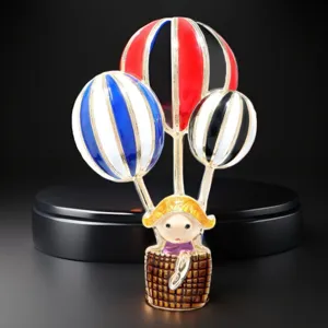 Exquisite enamel hot air balloon girl brooch, cute cartoon alloy pin for clothing decoration.