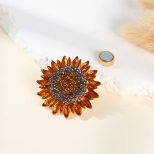 Sunflower rhinestone magnetic brooch detail, shiny crystal flower pin for clothes, scarves, hats.
