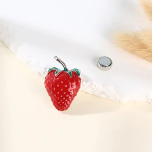 Red strawberry magnetic brooch pin, enamel corsage for clothes or fridge magnet decor.