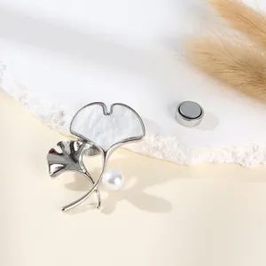 Silver ginkgo leaf brooch magnetic pin with faux pearl for scarf and clothing accessory style