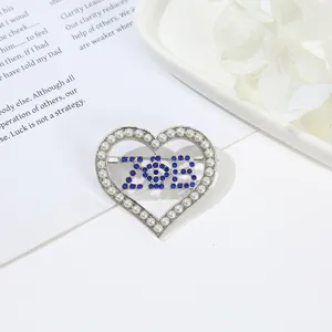 Heart pearl brooch rhinestone blue Greek letters metal pin elegant fashion jewelry accessory