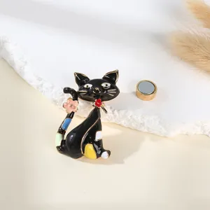 Cute black cat magnetic brooch with enamel flowers and strong magnet base for decor.