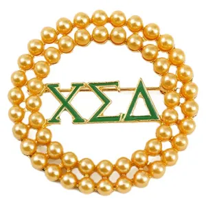 Classic double faux pearl circle brooch with green enamel Greek letters pin for women fashion.
