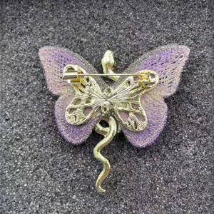 Gold plated snake butterfly brooch pin embroidered fabric jewelry accessory back view display