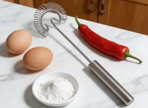 Dettaglio frusta a molla in acciaio inox per cucina cottura e strumenti per sbattere le uova.