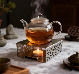 Chauffe-thé en acier inoxydable avec théière en verre, réchauffe-thé à bougie pour infusions.