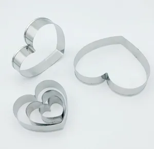 Stainless steel heart cookie cutter detail shot, multi-size baking molds for DIY cakes.