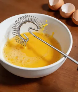 Dettaglio della frusta a molla in acciaio inossidabile che mostra le uova in una ciotola.