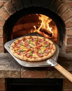 Stainless steel pizza peel with wooden handle, perfect for baking bread, pizza, and pastries.