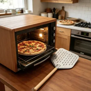 Stainless steel perforated pizza peel with wooden handle, ideal for baking bread and pastries.