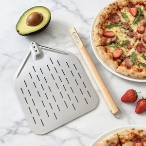 Stainless Steel Pizza Peel with Wooden Handle Perforated Baking Tool for Kitchen Pizza