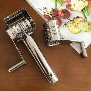 Stainless steel rotary cheese grater with hand crank, perfect for kitchen food prep.
