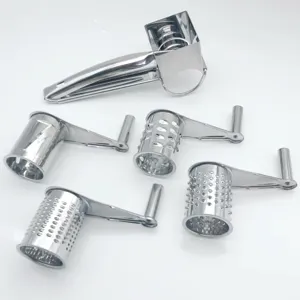 Stainless steel rotary cheese grater with four interchangeable drums for kitchen use