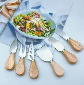 Stainless steel cheese knife set with ergonomic wooden handles for kitchen and party use.