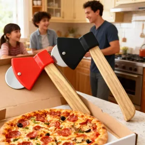 Axe pizza cutter with wooden handle stainless steel wheel pastry slicing baking tool