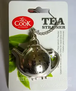 Stainless steel teapot tea strainer with chain and hanging card packaging for loose tea.