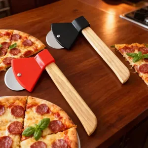 Stainless steel axe pizza cutter with wooden handle kitchen baking tool detailed view slice tool