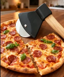 Stainless steel axe pizza cutter with wooden handle for home kitchen baking and slicing tool.