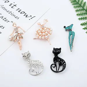 Elegant alloy rhinestone pearl brooch pins set featuring cute dancers and cats for women.