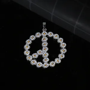 Exquisite daisy peace sign pendant detail, crafted with white petals and yellow centers.