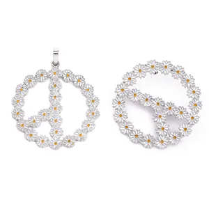 Daisy flower peace sign metal pendant brooch set cute white enamel floral jewelry accessory