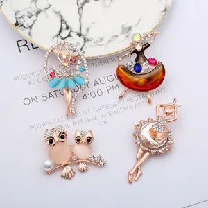 Rhinestone ballerina and owl brooch pins set, elegant crystal dress accessories for women.