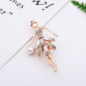 Exquisite rose gold ballerina brooch featuring sparkling rhinestones and an elegant pearl.