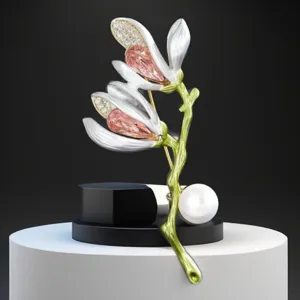 Elegant magnolia flower brooch vintage crystal lapel pin high-end suit accessory for women