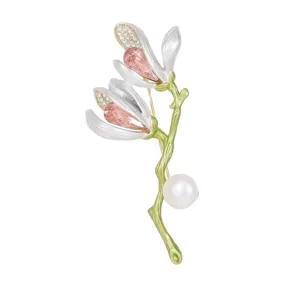 Elegant magnolia flower brooch with pearl and pink crystal, vintage suit lapel pin jewelry.