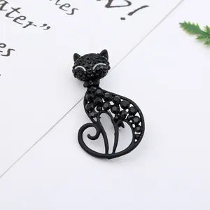 Exquisite black cat rhinestone brooch, detailed alloy pin accessory for women fashion wear.