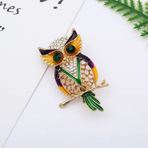 Owl rhinestone enamel brooch pin, vintage cute animal corsage for women apparel accessories.