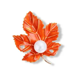 Orange maple leaf brooch with pearl pin elegant autumn sweater coat scarf accessory jewelry