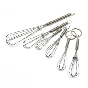 Stainless steel mini spring whisk detail shot showing metal wire texture and loop.
