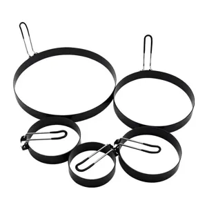 Set of 5 black non-stick round egg frying rings molds with folding handles for breakfast cooking.