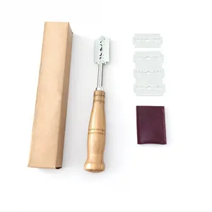 Juego de cuchilla para pan con mango de madera y cuchillas de repuesto y funda de cuero.