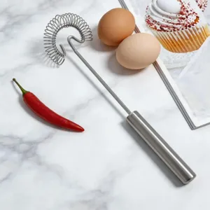 Stainless steel manual spring whisk for kitchen baking, egg and cream whipping tool main view.