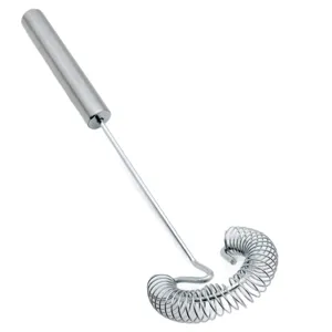 Stainless steel manual spring whisk for efficient kitchen baking and egg cream beating.