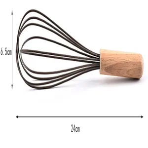 Manueller Silikon-Schneebesen mit Holzgriff Detailansicht, 24cm lang zum Backen und Eier rühren.