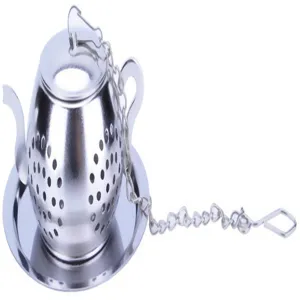 Stainless steel teapot shape tea infuser detail, fine mesh strainer with chain and drip tray.