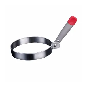 Stainless steel fried egg ring with red silicone handle for kitchen cooking baking mold.