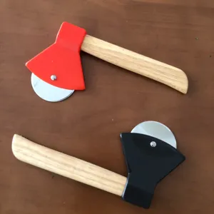 Axe shaped pizza cutter with wooden handle stainless steel blade baking tool detail view