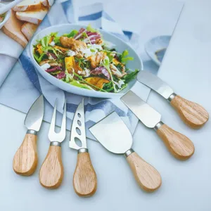 Stainless steel cheese knife set with wooden handles for kitchen dining table